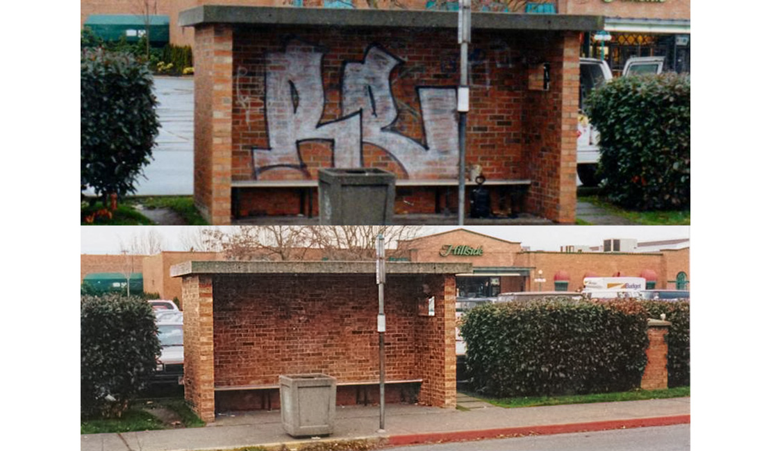 Graffiti removed (bottom photo) and an anti-graffiti coating applied